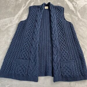 Kilronan Knitwear Sweater Vest Womens XL Blue 100% Wool Cable Knit Open Collared
